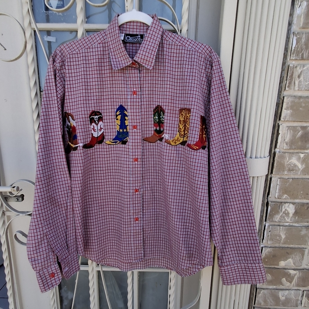 Croquet Thailand Shirt Pink Gingham Embroidered Western Boots Women Size Medium - Picture 3 of 16